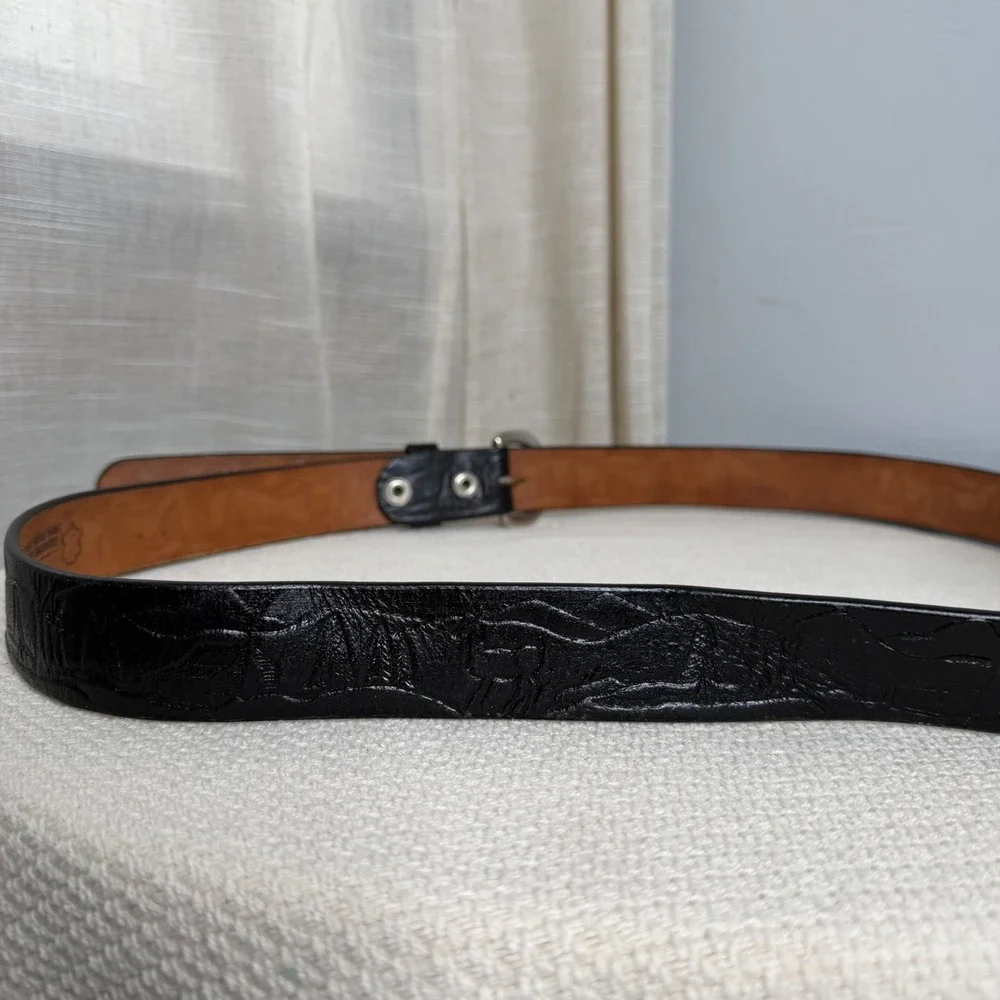 Vintage C.L.‎ Leather Belt Embossed Cabin Deer Mountain Black Tooled Men's 48